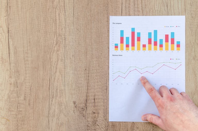 Hand analyzing business graphs on a wooden desk, focusing on data results and growth analysis.analisis señalado por una mano. (pexels)